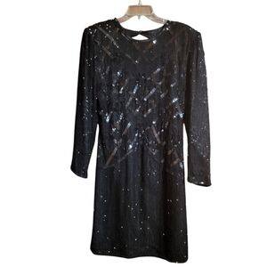 Vintage Sweelo Black Long Sleeve Open Back Silk Sequin Dress.